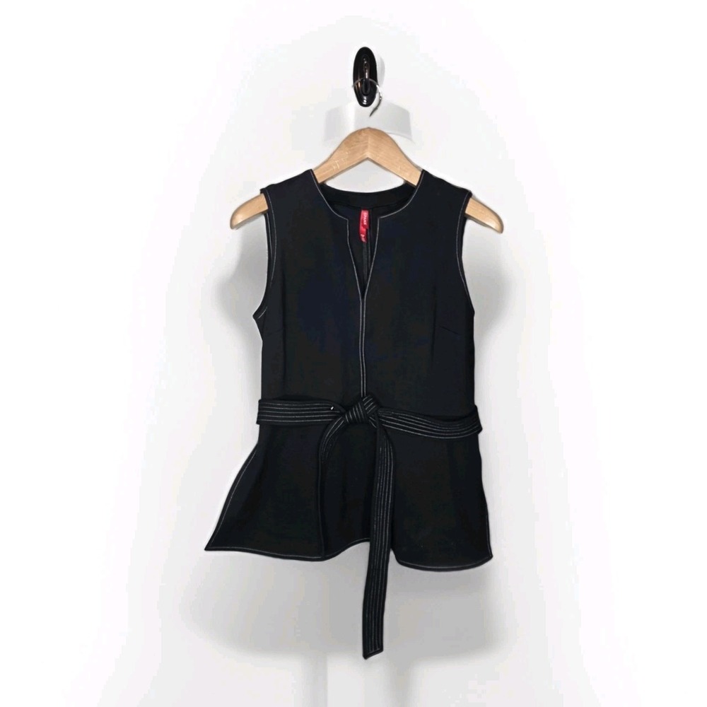 SPANX The Perfect Contrast Tie Waist Sleeveless Ponte Top Black Sz M Shirt Knit